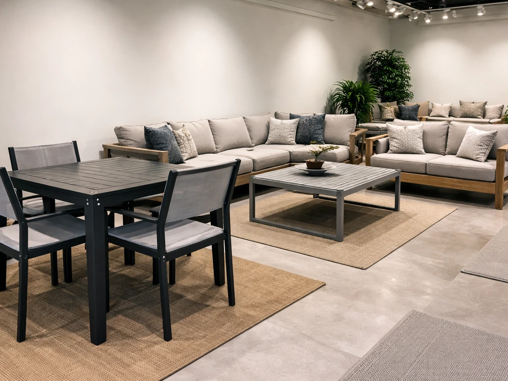 Showroom aisle with multiple outdoor patio sets displaying different frame finishes and hardware details.