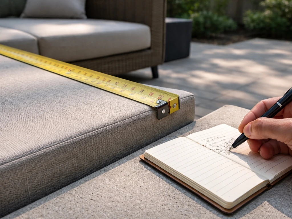 Close-up of a measuring tape and notebook recording patio furniture measurements on an outdoor patio.