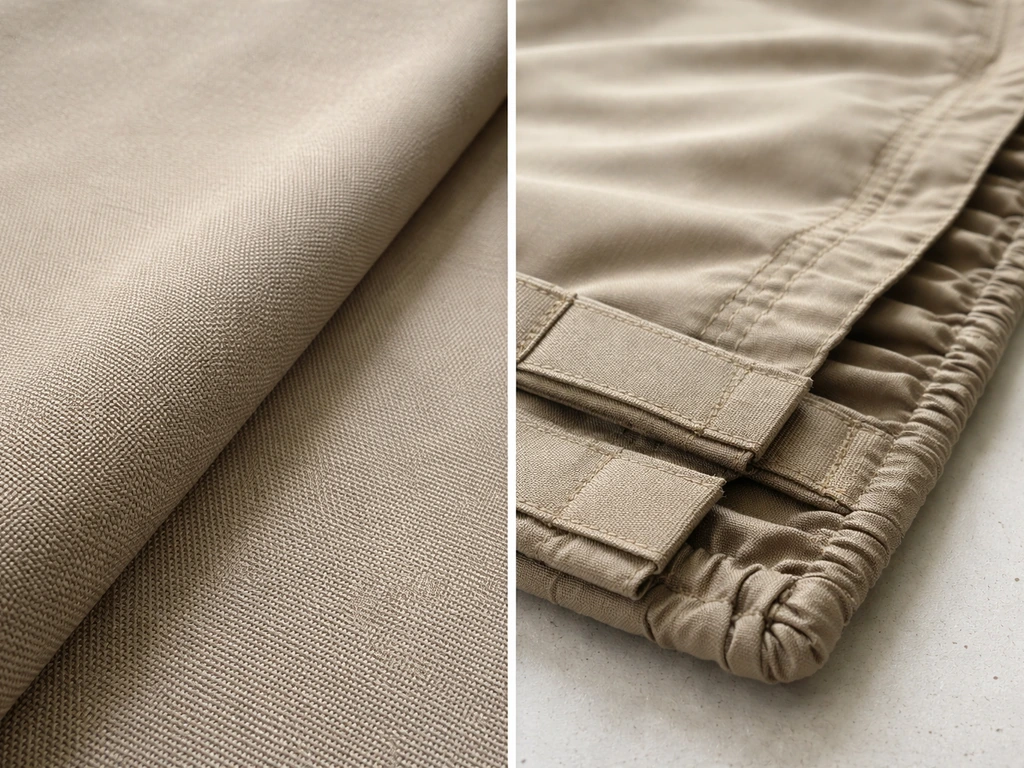 Closeup of woven patio cover fabric and an elastic hem/strap detail laid on a work surface