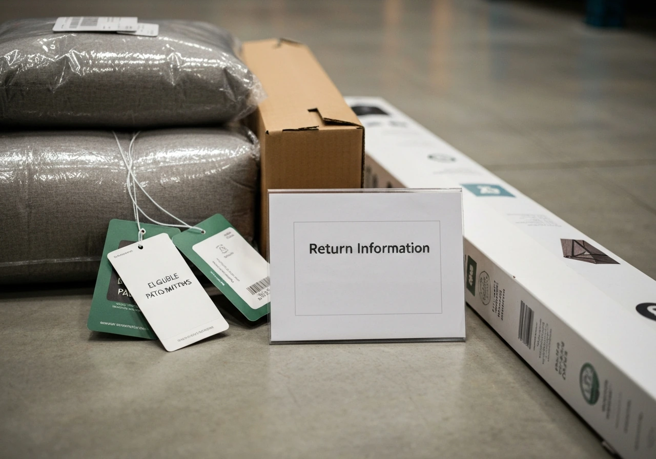 Close-up of patio furniture packaging and a generic return information sign on the floor.