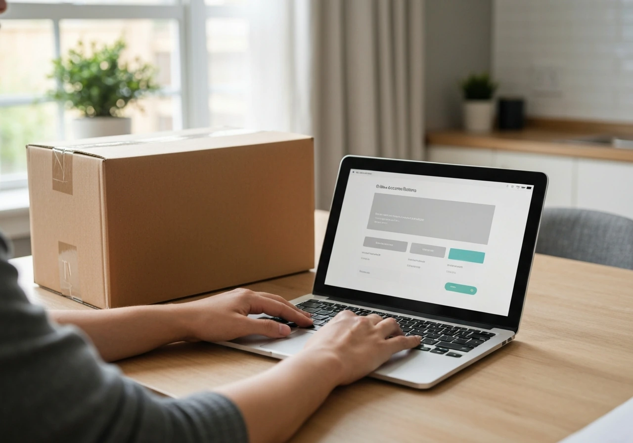 Laptop showing an online returns page beside a patio furniture delivery box in a simple home setting.