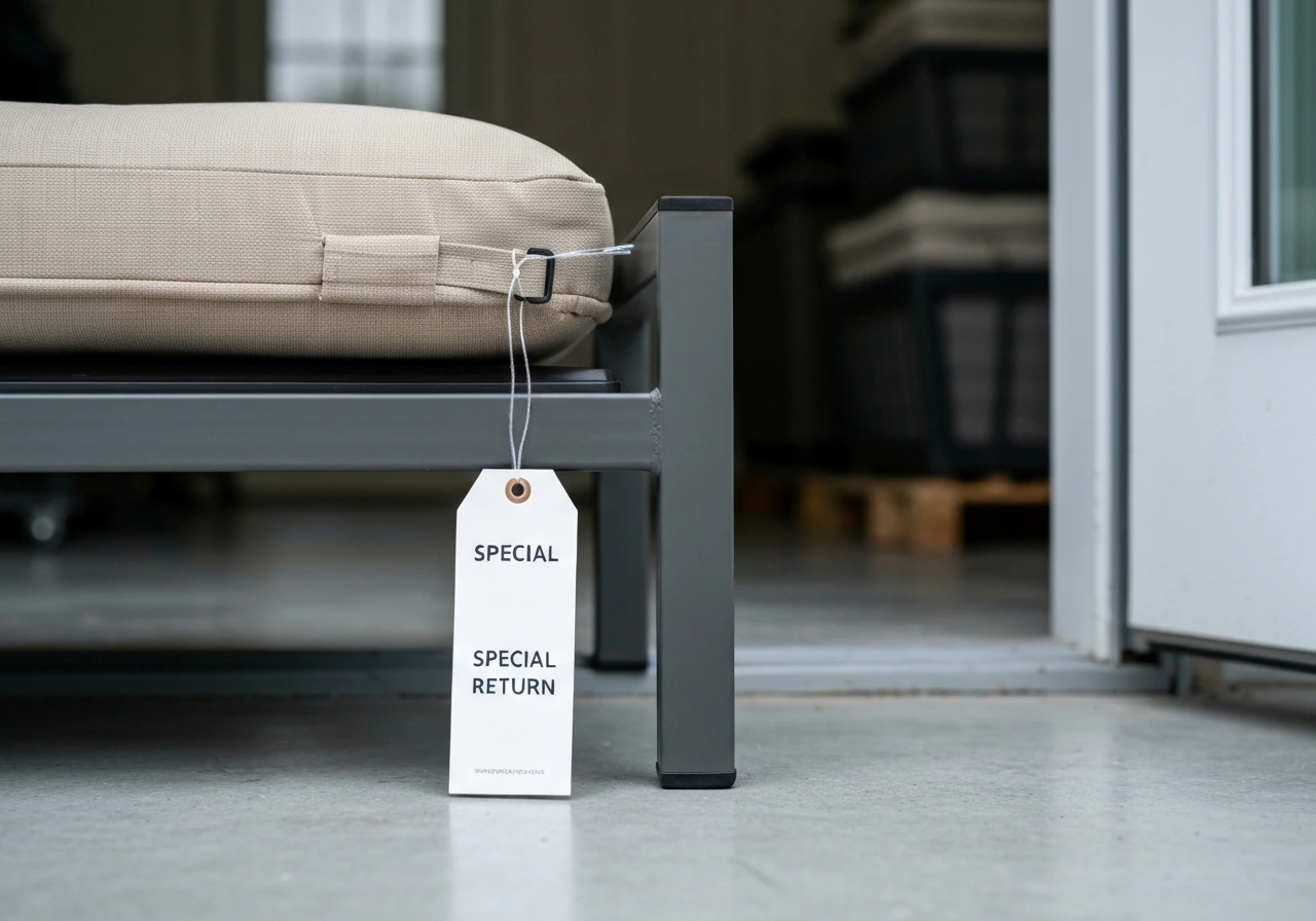 Custom patio cushion with a small special-order hang tag attached in a simple garage setting.