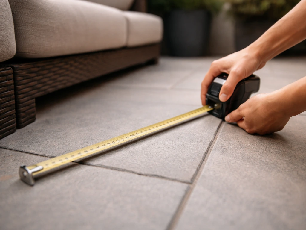 Close-up of hands measuring an apartment patio with a tape measure to check walkway clearance.
