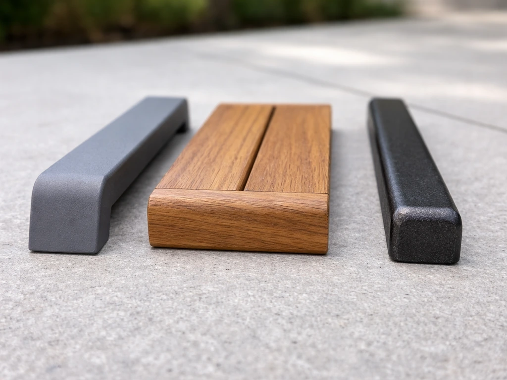 Three patio furniture finish samples—powder-coated aluminum, teak wood, and wrought iron—in natural outdoor light.