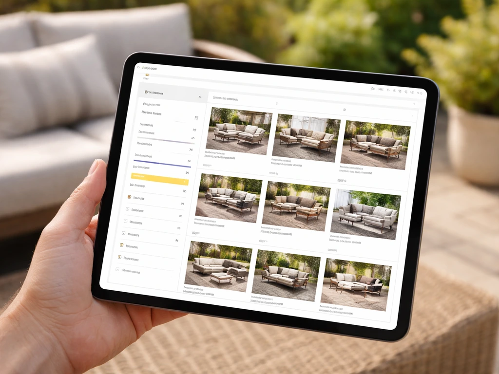 Tablet on an outdoor patio showing a generic furniture listing with filters and price comparison cues.