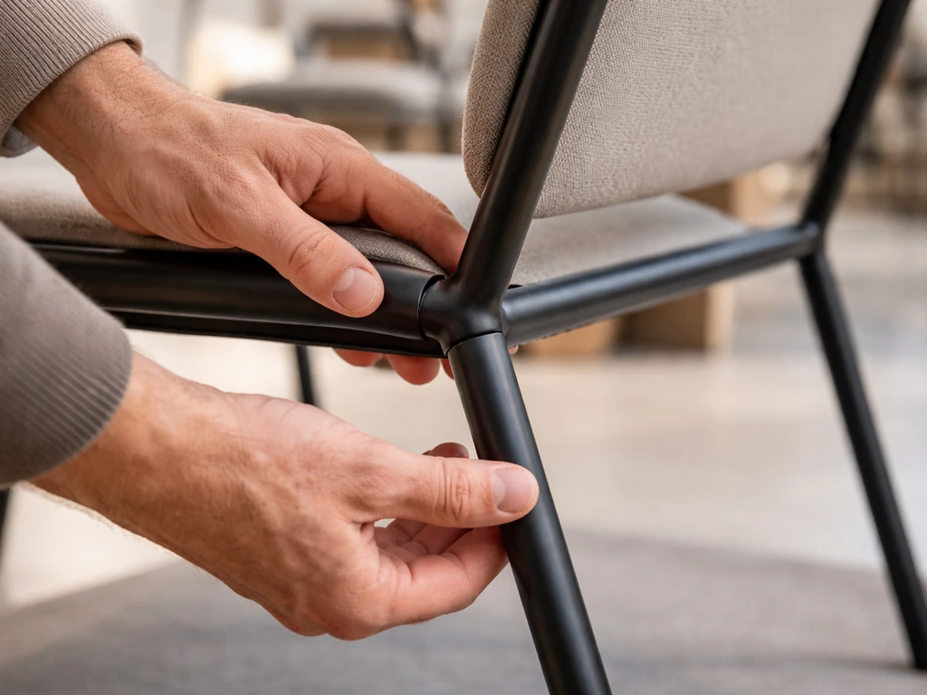 Hands gently rocking a metal-framed chair and inspecting welded joints in a quiet showroom