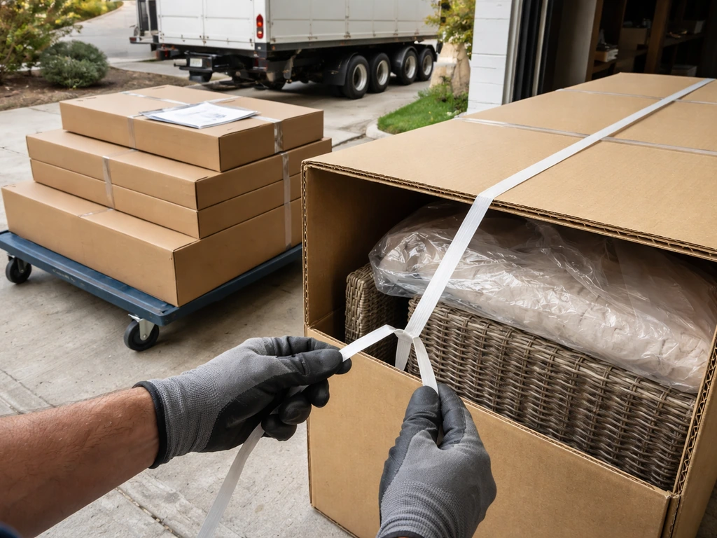 Freight delivery of a large patio set in flat-pack boxes arriving at a home driveway beside a truck.