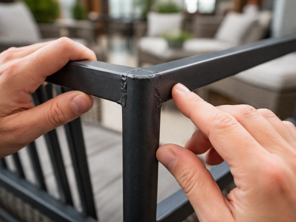 Close-up of a shopper’s hands inspecting a patio furniture metal frame welds and finish in store.