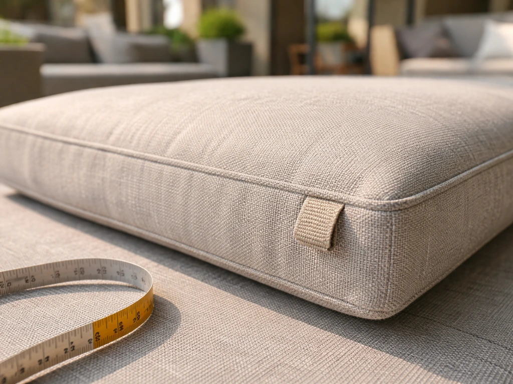 Close-up of a cushion label and textured fabric in a sunlit showroom with a tape measure nearby