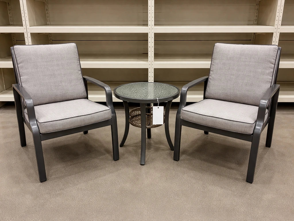Assembled patio furniture set on a retail showroom floor with minor display wear and a discounted tag