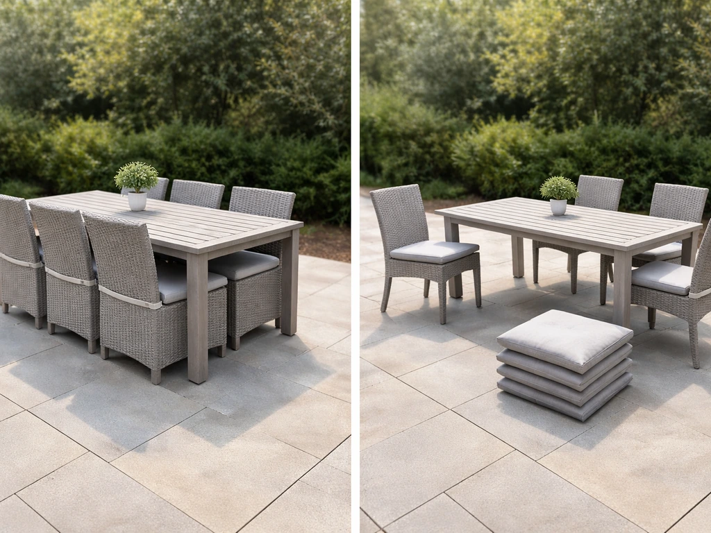 Patio dining set bundled together versus table, chairs, and cushions staged separately on a simple patio