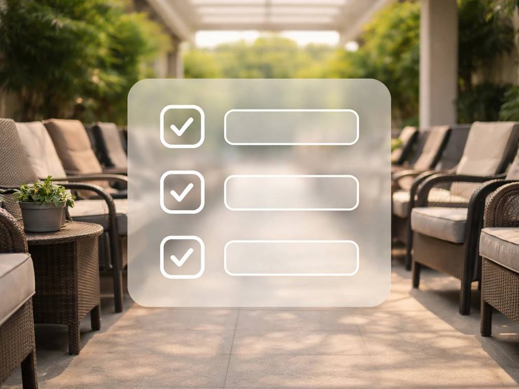 Minimal patio furniture aisle with a subtle priority checklist overlay guiding which store to visit first
