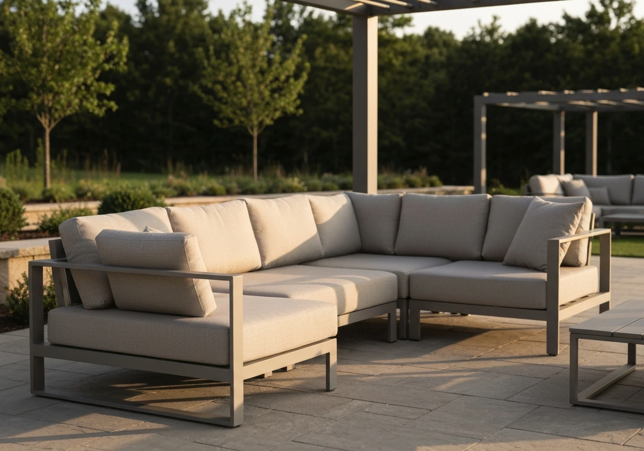 Upscale outdoor patio with a modern beige sectional furniture set in natural golden-hour light.
