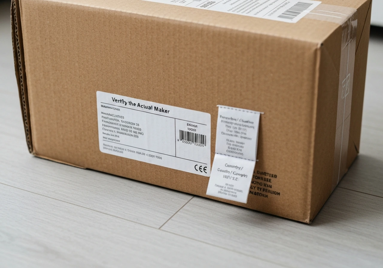 Close-up of a furniture shipping carton label and sewn fabric tag showing maker and origin details.