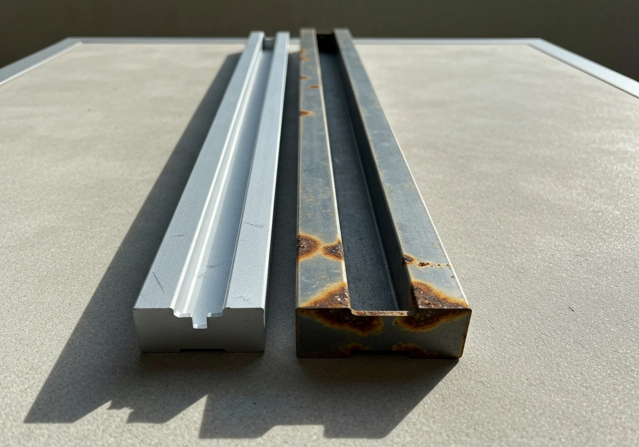 Side-by-side samples showing aluminum frame clean finish vs steel frame with visible rust at edges.