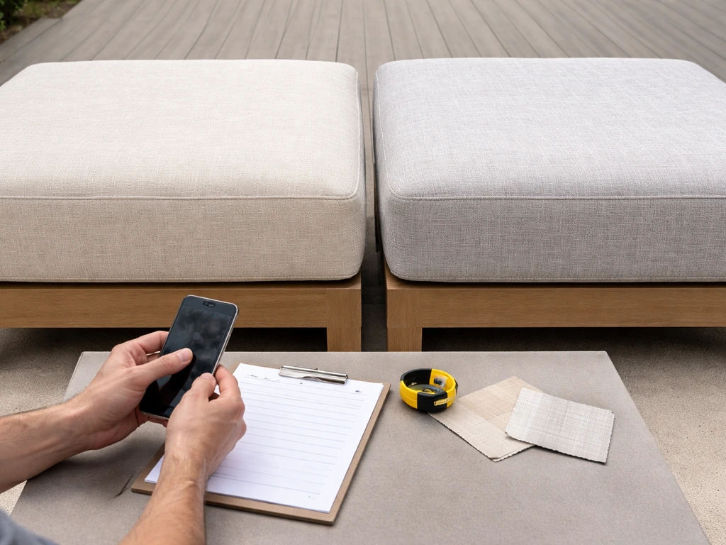 Two similar outdoor sectional modules side-by-side while hands compare materials over a blank list.