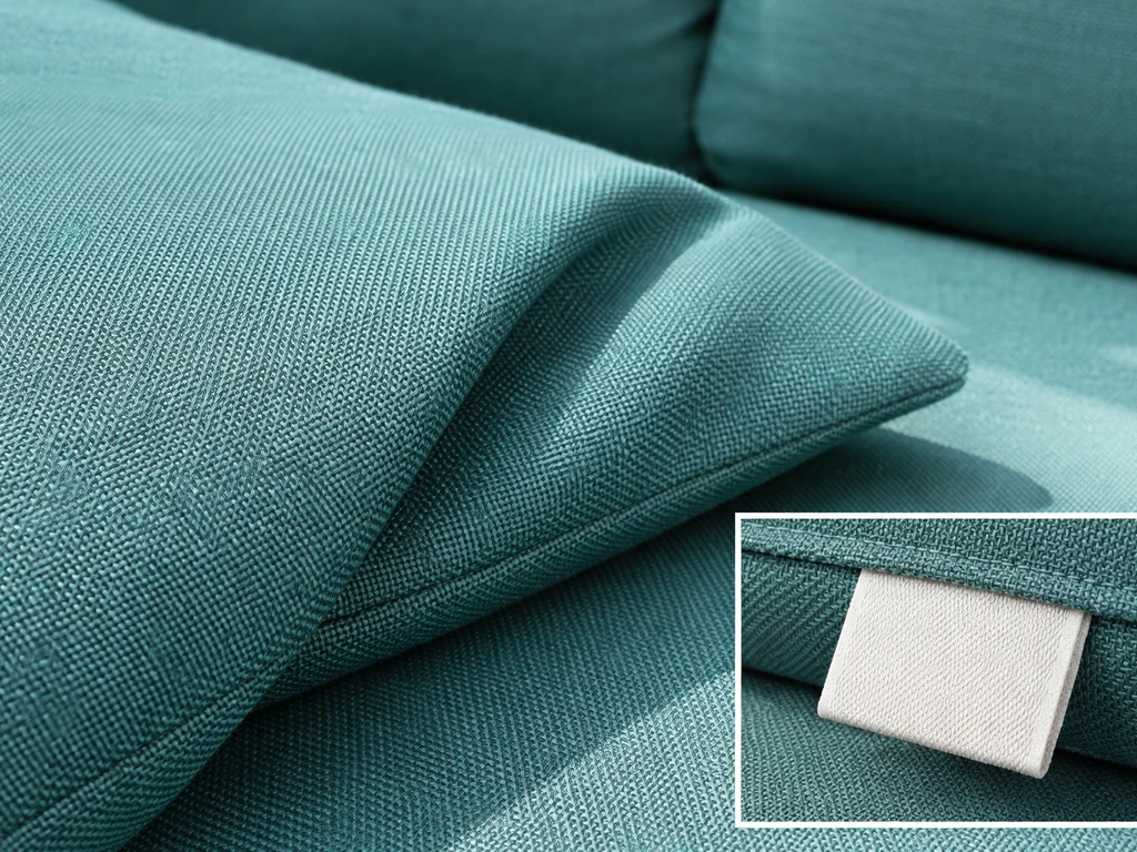 Macro close-up of colorful solution-dyed acrylic fabric and a cushion, with a non-readable care label tag inset.