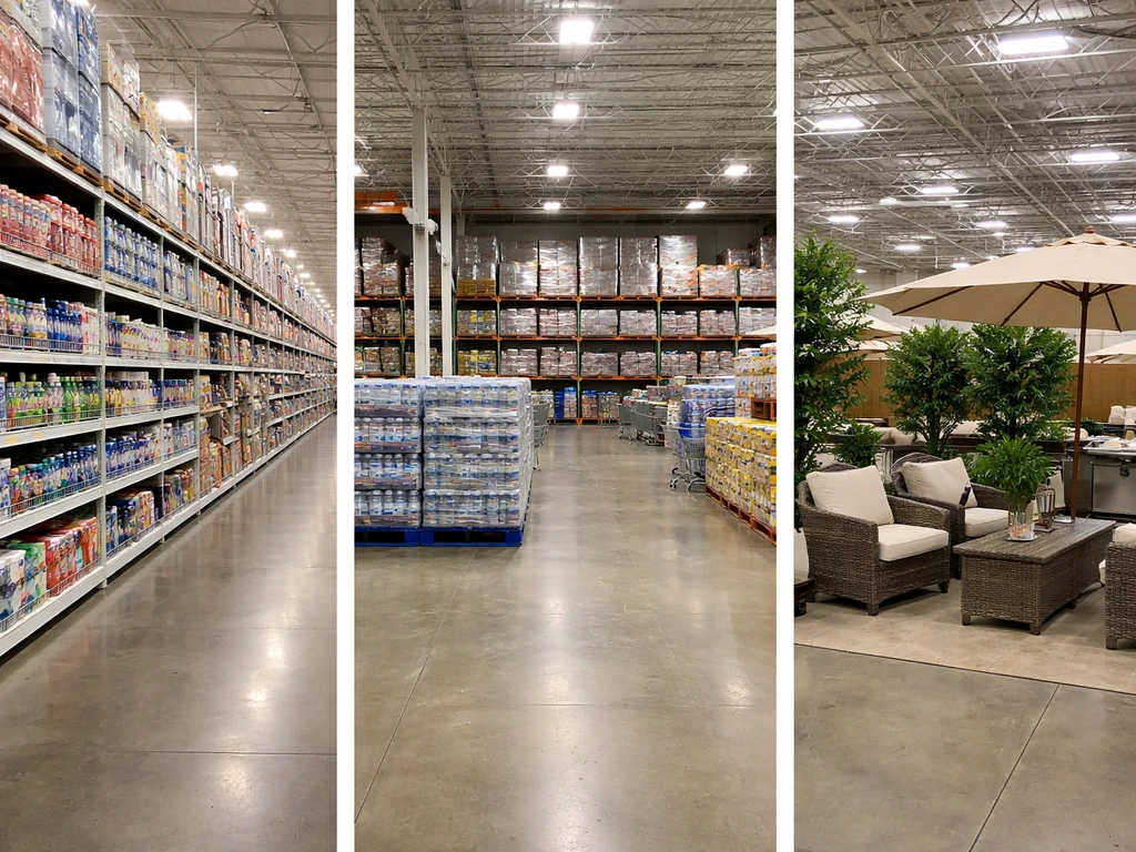 Three distinct retail sections: big-box aisle, warehouse-club pallet display, and specialty patio area