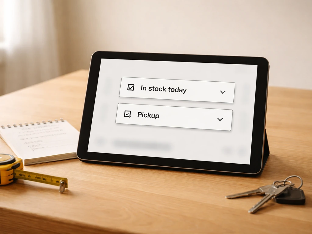 Minimal table scene with tablet showing stock/pickup filters and notepad with stock numbers plus tape measure.