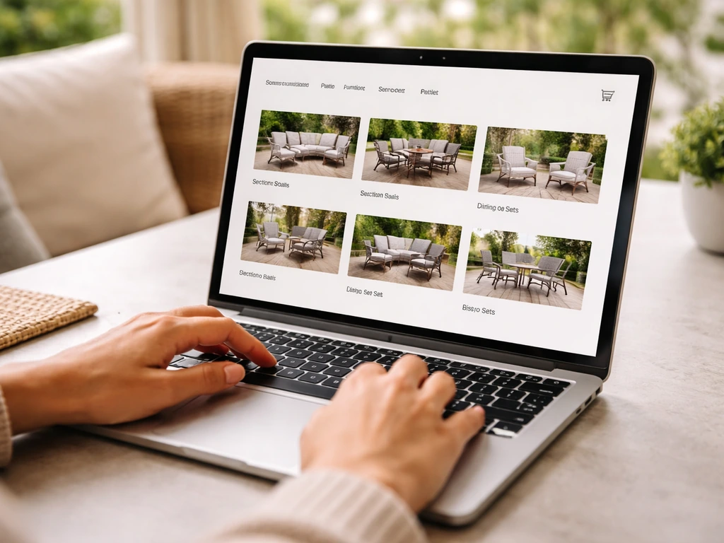 Person browsing patio furniture on a laptop screen with simple filters and a cart area