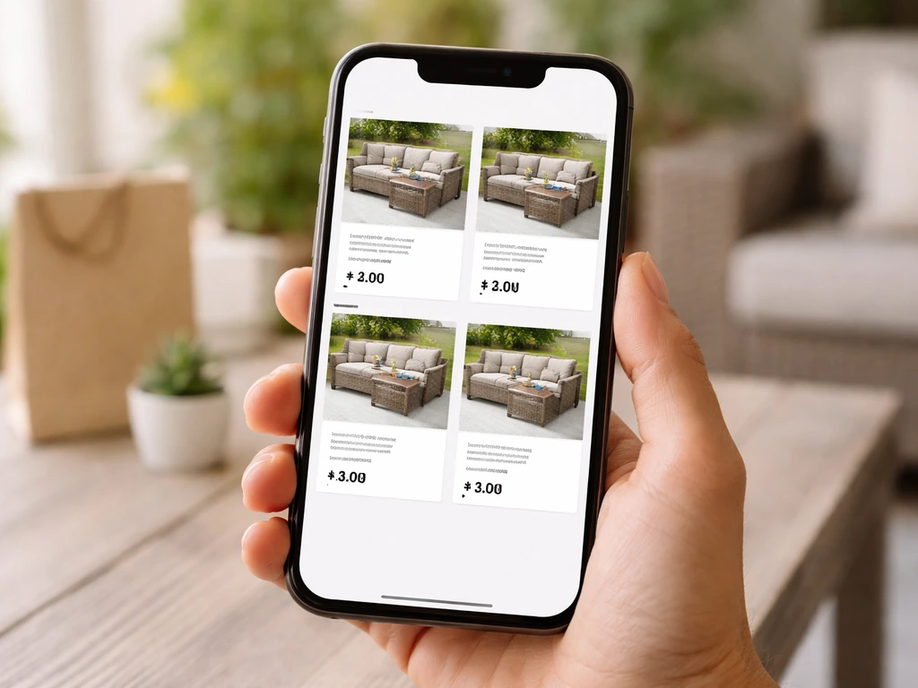 Minimal photo of a smartphone showing several patio furniture listings side by side with different prices and delivery t