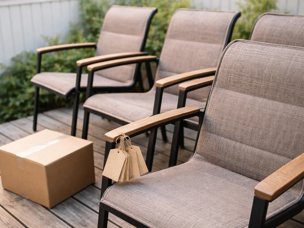 Close view of patio chairs on a deck with a nearby delivery box cue for local shopping.