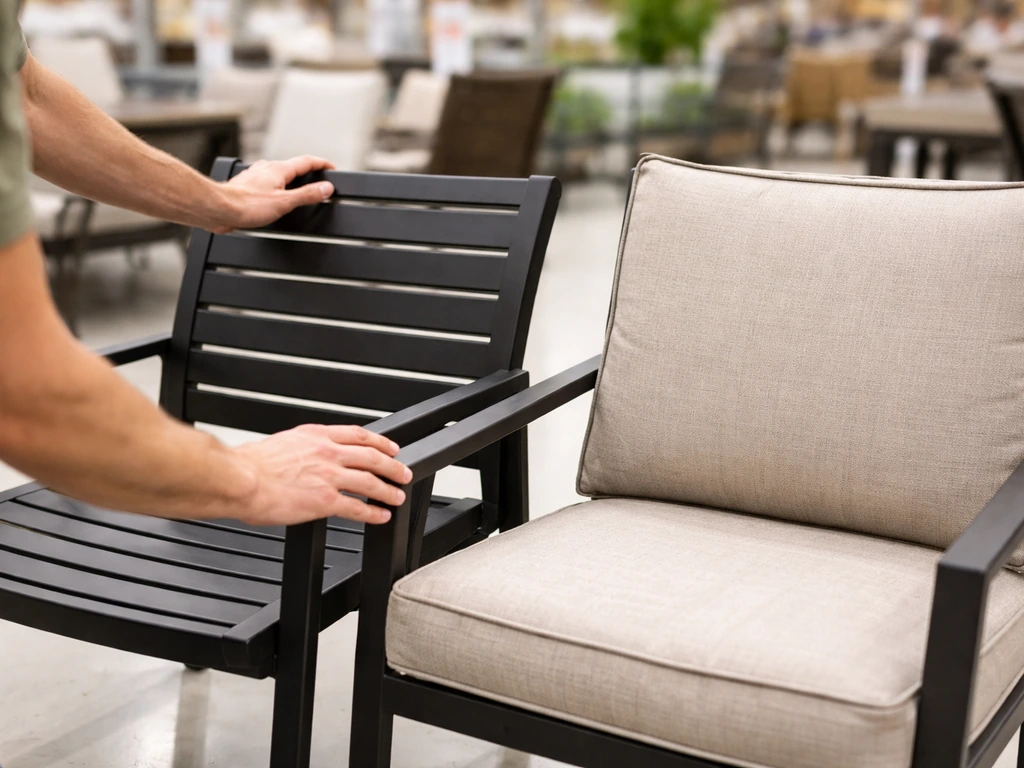 Shoppers’ hands comparing two patio chair styles on a retail store floor display.