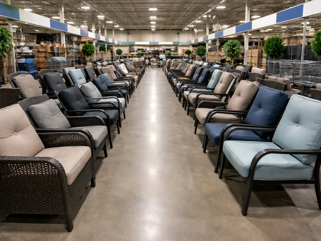 Wide-angle view of a patio chair display aisle inside a big-box store, rows of chairs and store signage.
