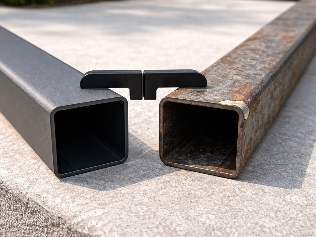 Side-by-side closeups of powder-coated aluminum and rust-prone patio chair frame materials with a thickness cue.
