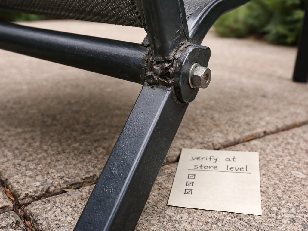 Close-up of a patio chair with a loose weld seam and worn hardware beside a note reading “verify at store level.”