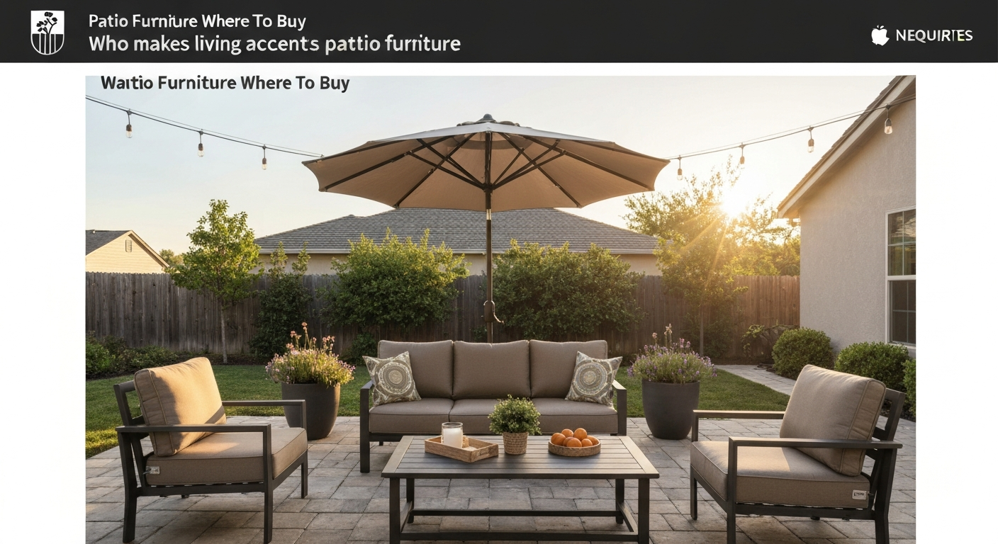 Sunlit backyard patio with a neutral mid-range outdoor furniture set (loveseat, two chairs, coffee table, umbrella) under warm late-afternoon light.
