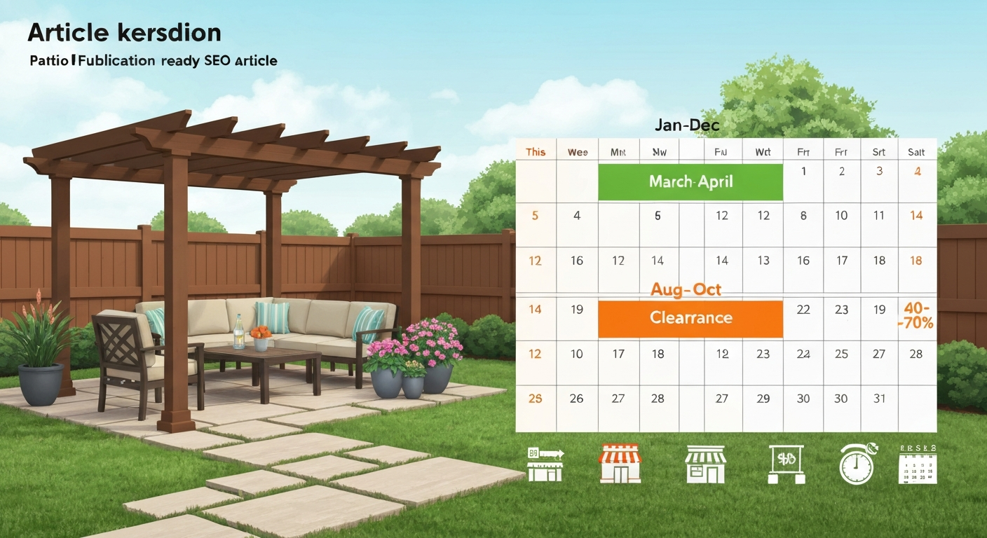 Illustration of a patio scene with an overlaid calendar highlighting March–April for selection and August–October for clearance sales