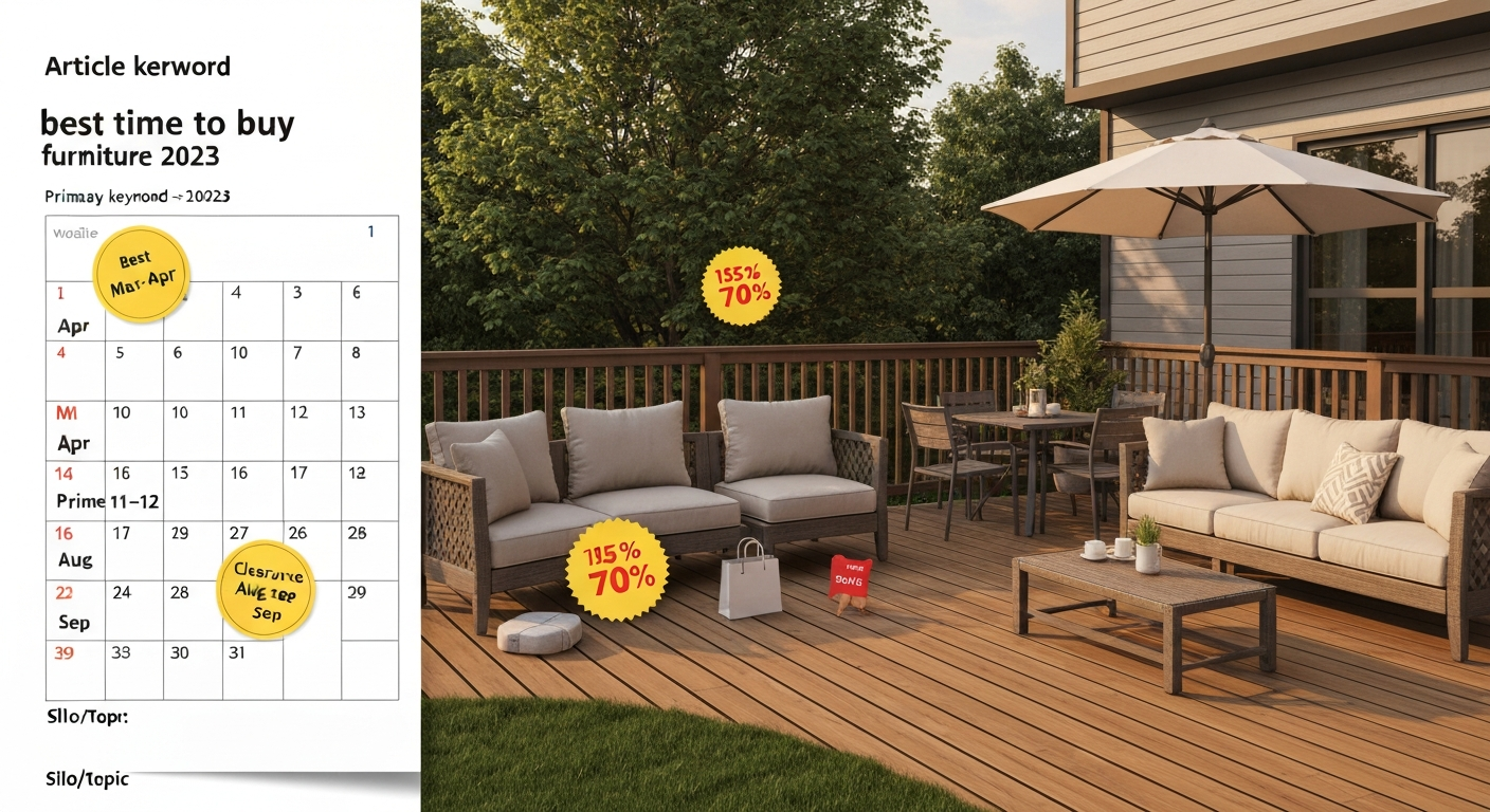 Illustration of patio furniture on a deck with a calendar and sale tags showing the best times and discounts to buy patio furniture in 2023.