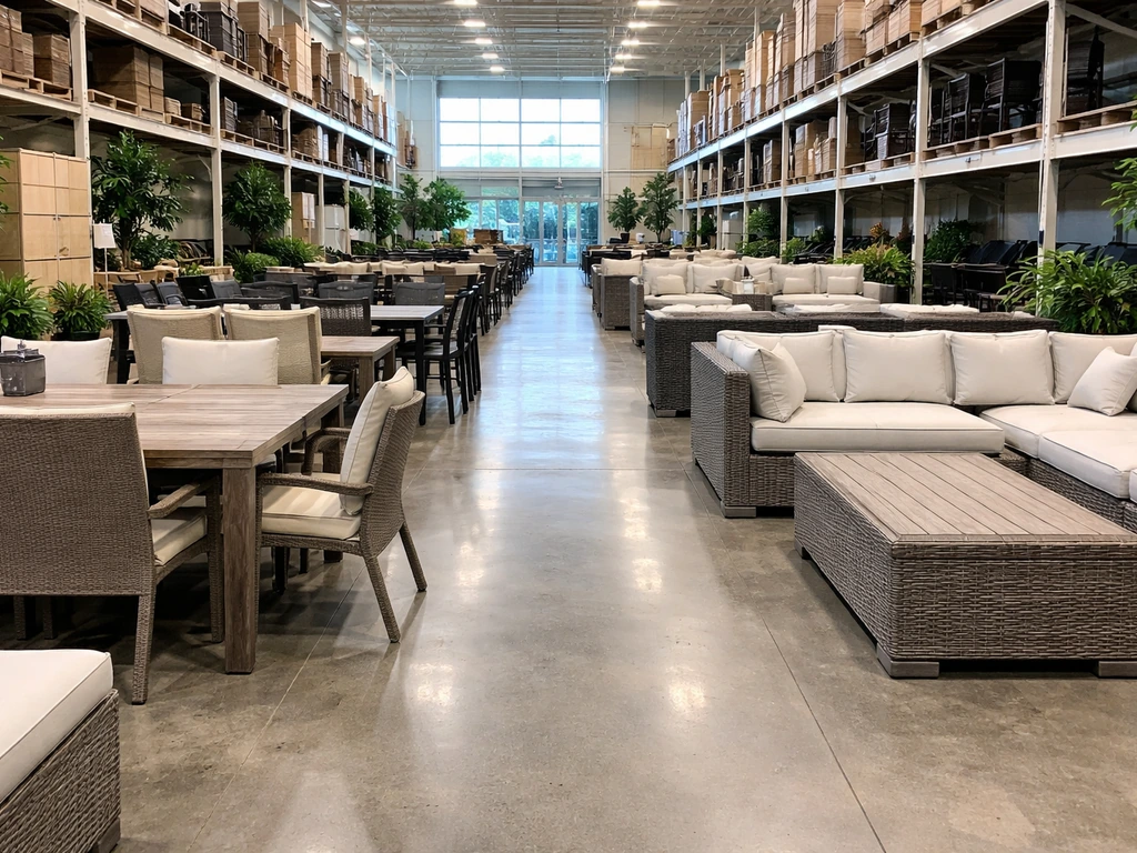 Inside a Home Depot-style store aisle with stacked patio dining sets and sectional floor displays.