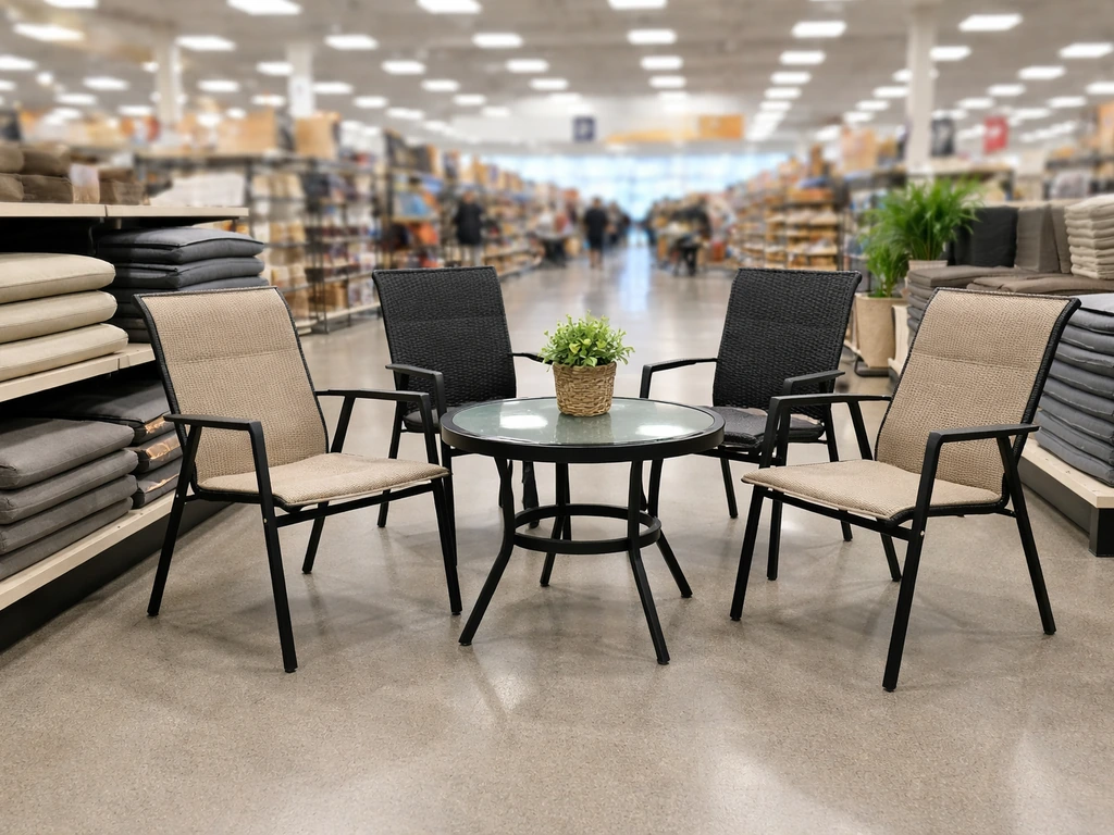Inside a big-box store, an affordable patio furniture display with chairs and a small table set.