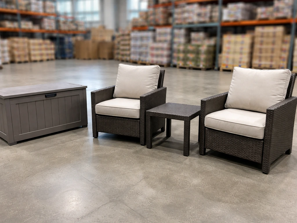 Warehouse showroom photo of an outdoor conversation set with a deck storage box nearby.