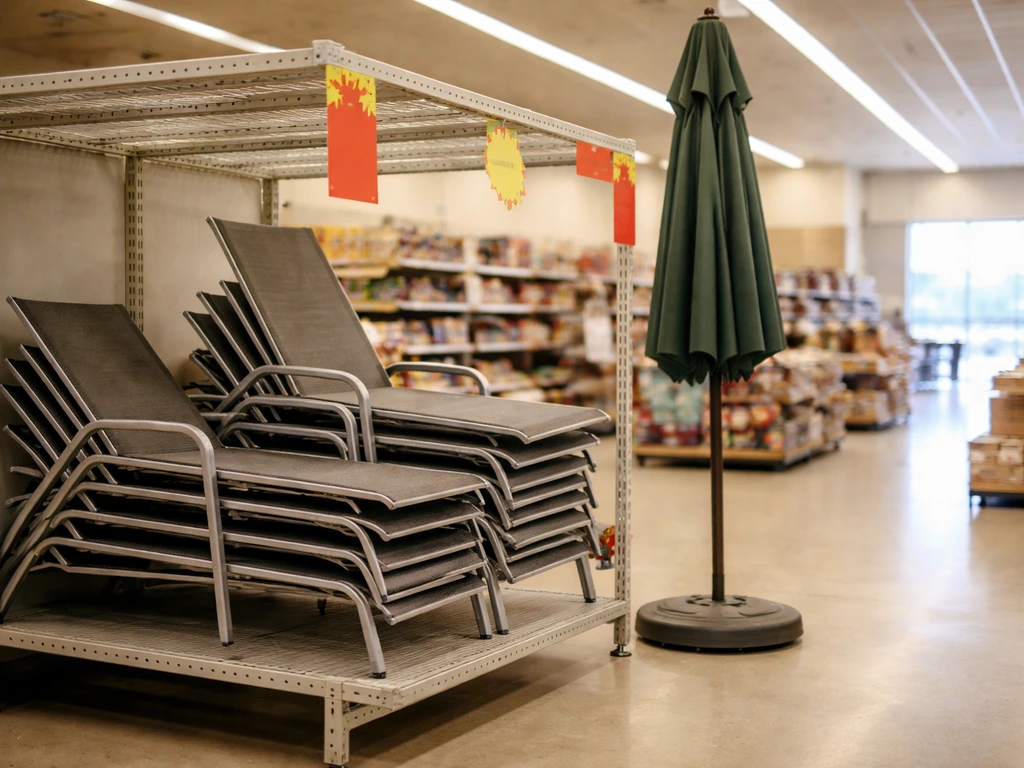 Discount store patio clearance rack with lounge chairs, folded umbrella, and generic sale tags.