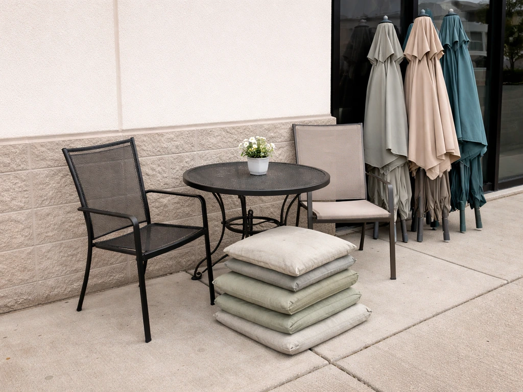Minimal patio display outside an off-price closeout store with tables, chairs, and stacked outdoor cushions.