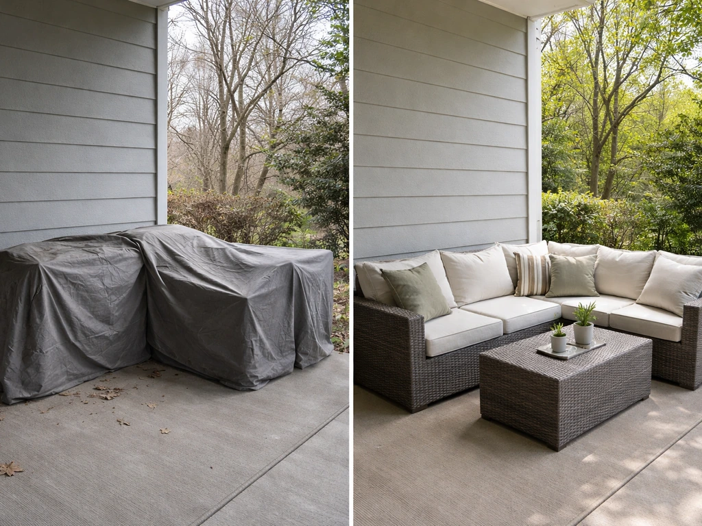 Side-by-side view of winter-stored patio furniture and a spring-ready outdoor patio with cushions