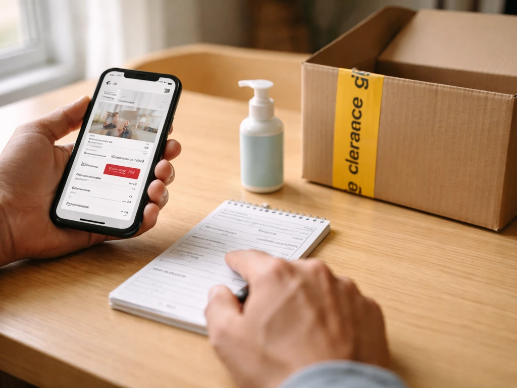 Hands comparing a phone shopping page and a receipt to confirm a clearance price before checkout.