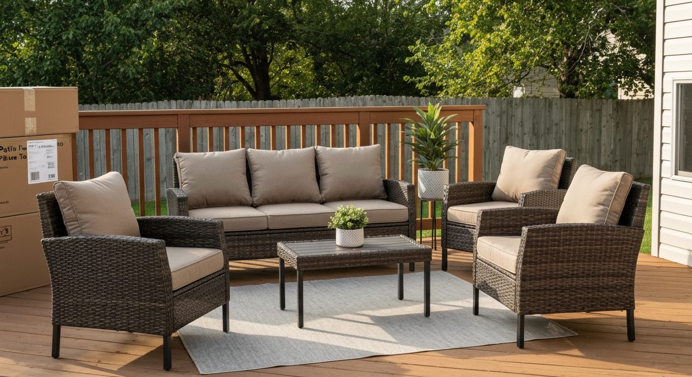 Phi Villa four-piece wicker patio seating set on a wooden deck under warm afternoon light, with taupe cushions and a small coffee table; a shipping box in the background labeled 'PHI VILLA — Made in China'.