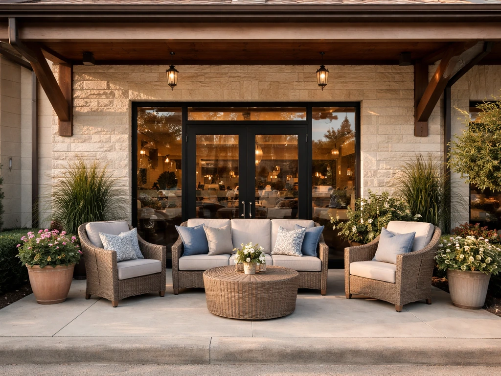 View of a Fort Worth patio furniture storefront with outdoor seating on display near the entrance.