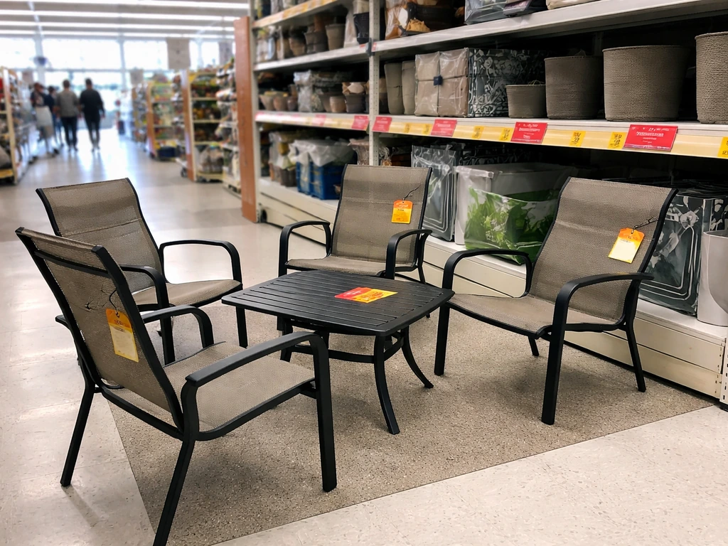 Outdoor patio furniture on clearance in a warehouse-style store aisle with a few markdown stickers