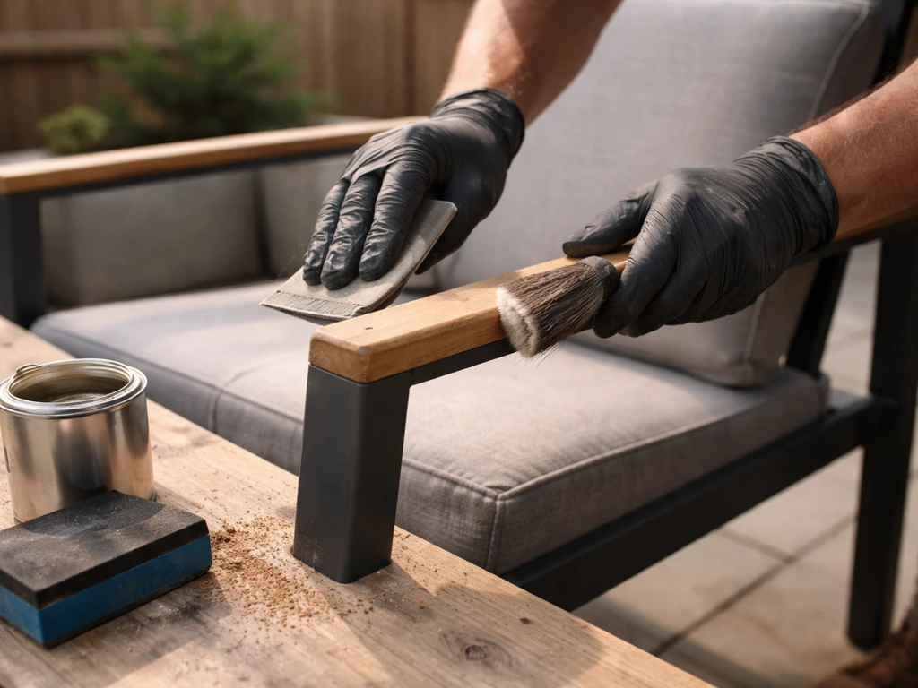 Close-up of a technician sanding and prepping a patio chair frame for restoration on a quiet outdoor workbench.