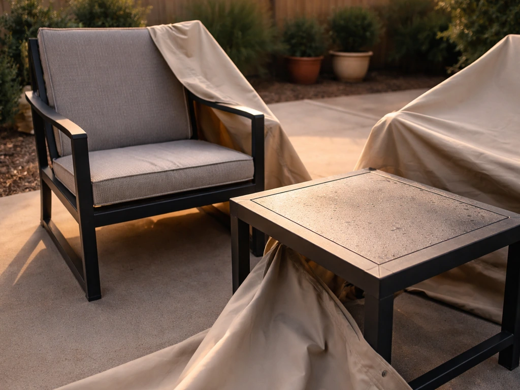 Powder-coated aluminum patio set on a concrete patio with protective covers, dust and water spotting in strong sun.