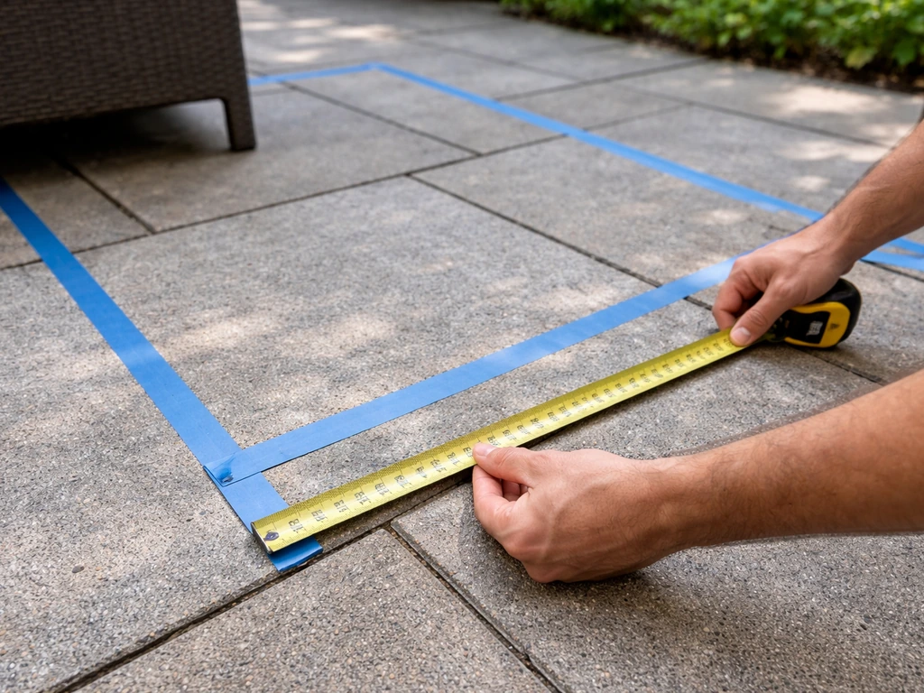 Hands measuring a patio area with a tape measure beside an outdoor furniture layout footprint.