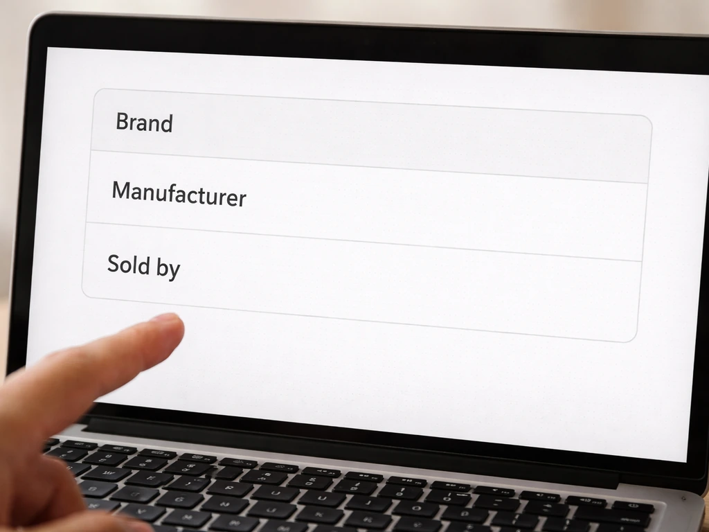 Laptop view of a retail product page showing Brand, Manufacturer, and Sold by fields in specs.