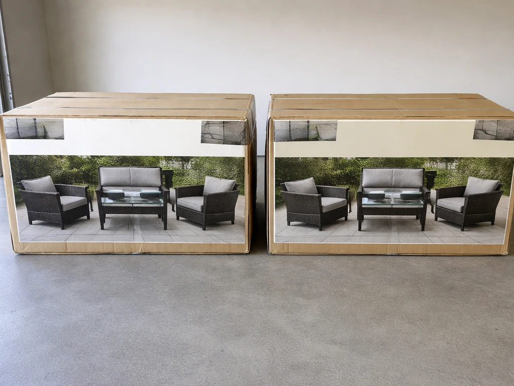 Two boxed patio furniture sets on a garage floor, one with a different retail brand label, no readable text.