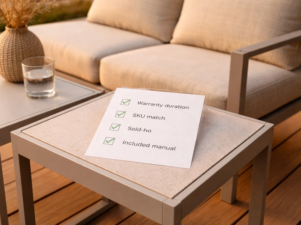 Checklist result card on patio furniture table showing warranty, SKU match, sold-by, and manual items.