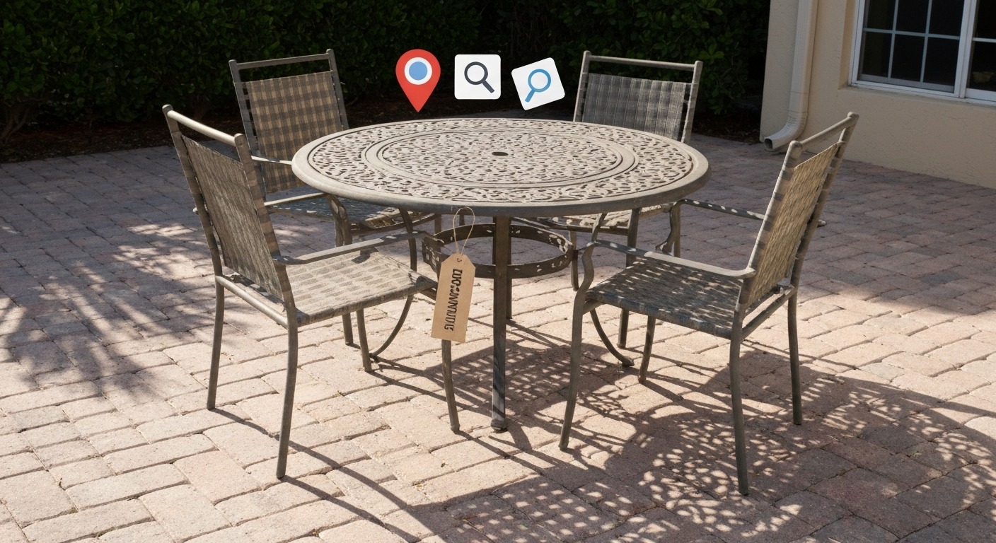 Vintage cast-aluminum patio set on a sunlit patio with a 'DISCONTINUED' tag and small map-pin icons, suggesting a search for used pieces.